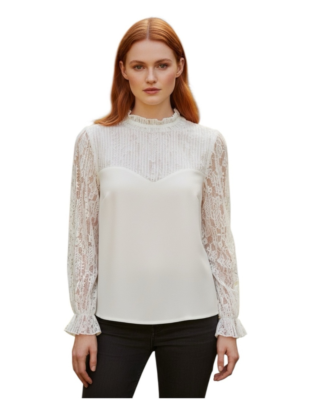 High-Neck Ivory Plus Size Lace Yoke Blouse